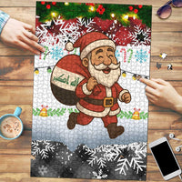 Iraq Christmas Puzzle with Santa Carrying Gift Bag Flag Garland and Snowflake Plaid Pattern - Wonder Print Shop