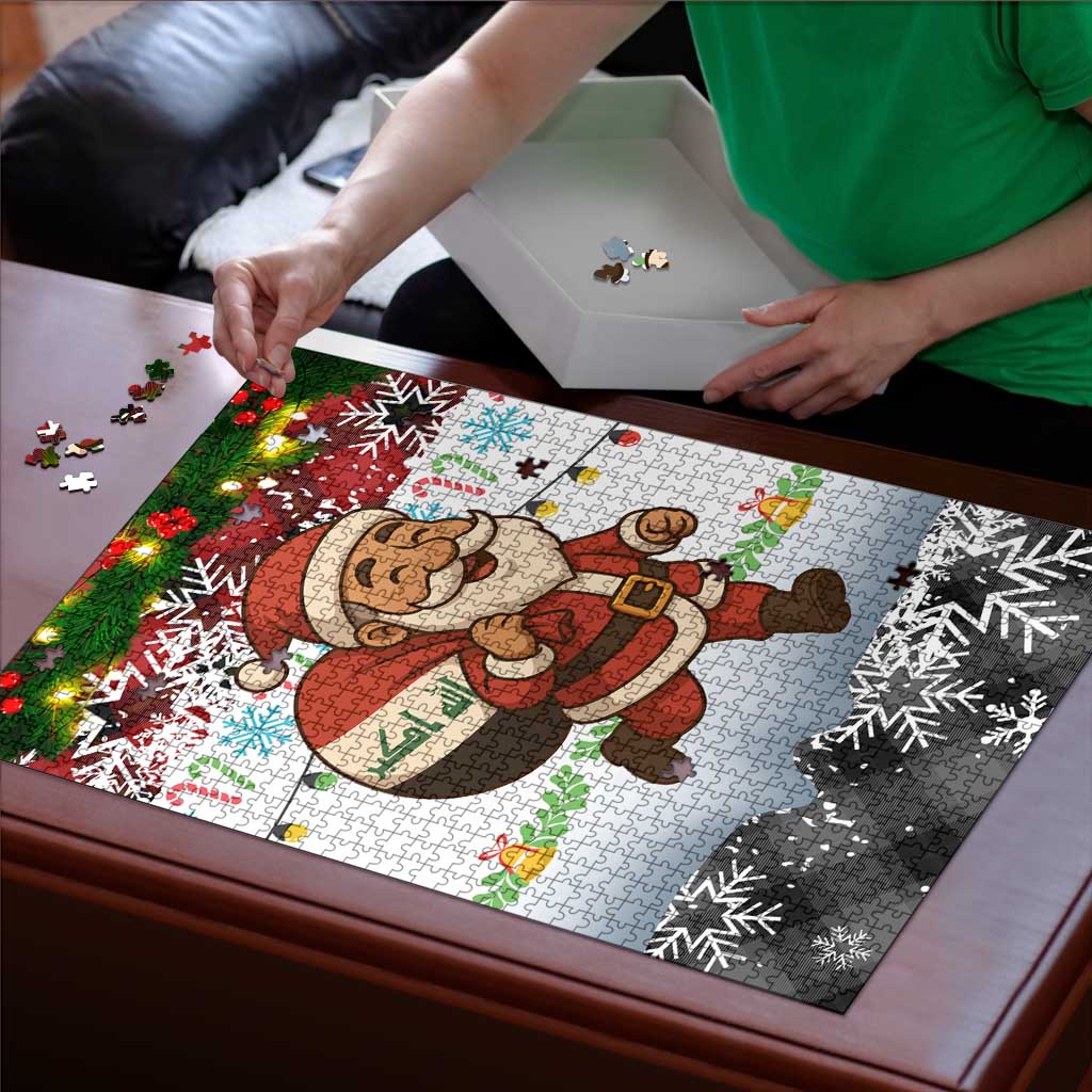 Iraq Christmas Puzzle with Santa Carrying Gift Bag Flag Garland and Snowflake Plaid Pattern - Wonder Print Shop