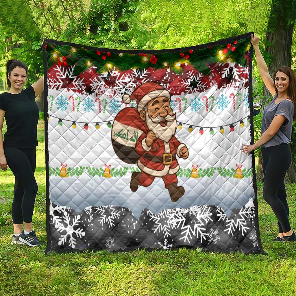 Iraq Christmas Quilt with Santa Carrying Gift Bag Flag Garland and Snowflake Plaid Pattern - Wonder Print Shop