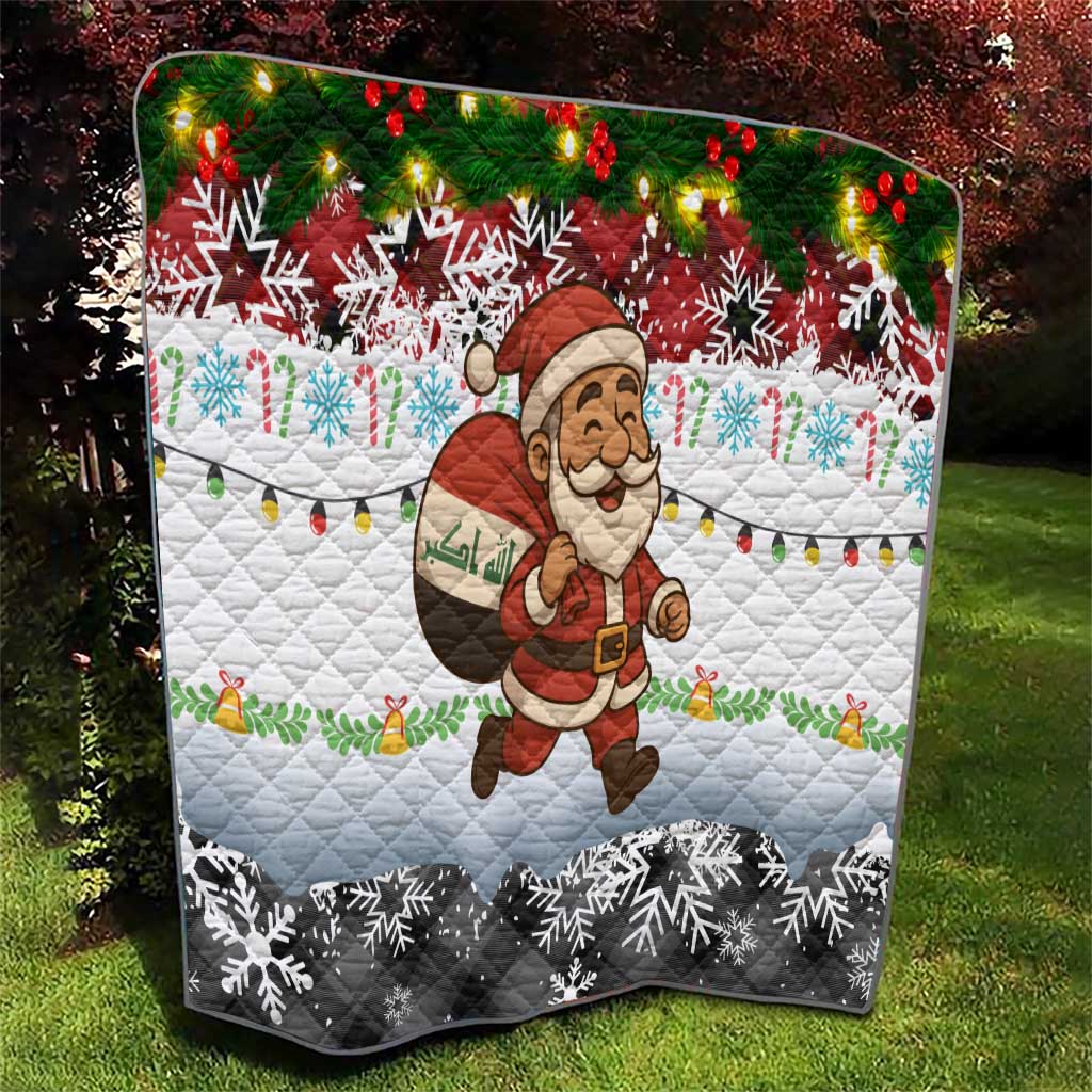 Iraq Christmas Quilt with Santa Carrying Gift Bag Flag Garland and Snowflake Plaid Pattern - Wonder Print Shop