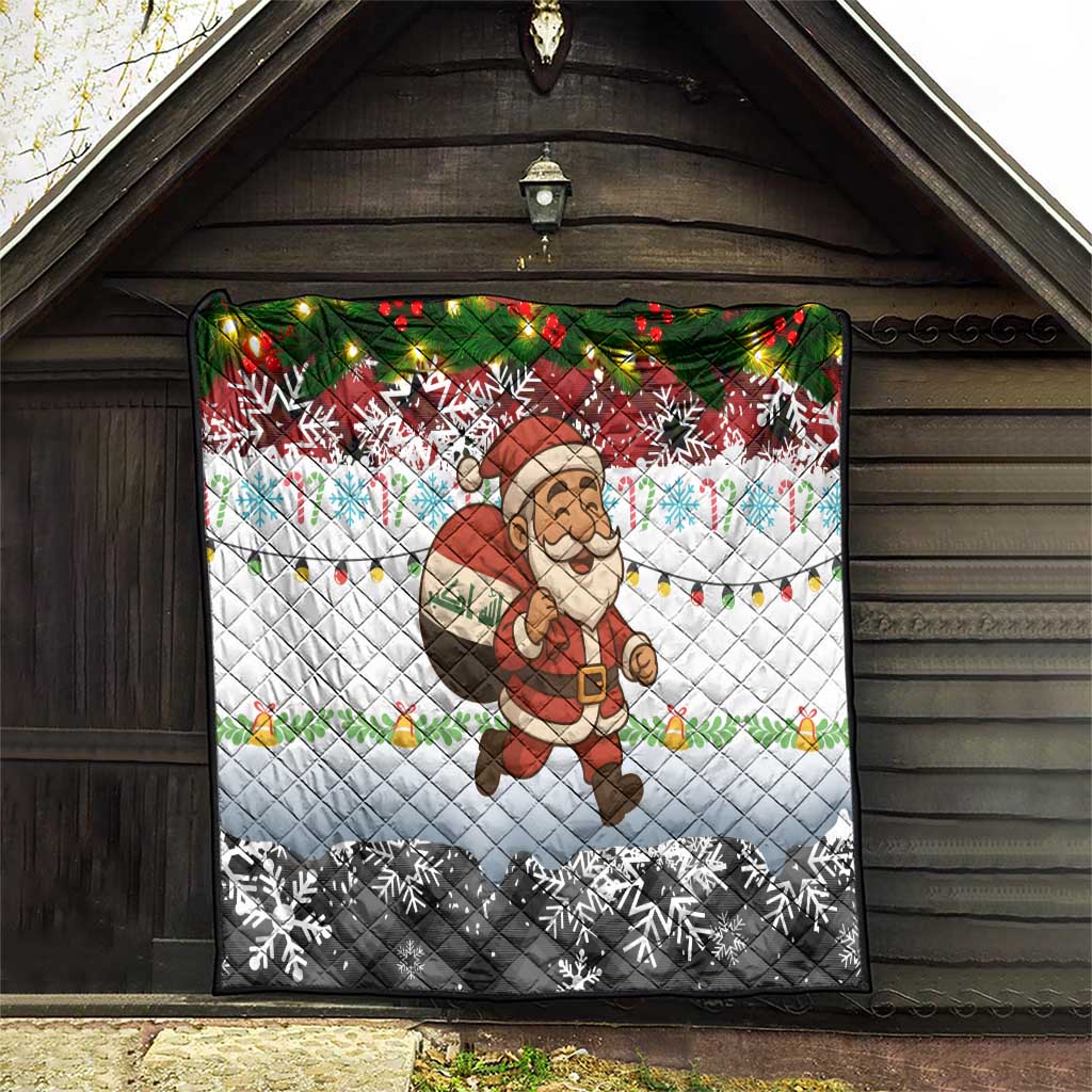 Iraq Christmas Quilt with Santa Carrying Gift Bag Flag Garland and Snowflake Plaid Pattern - Wonder Print Shop
