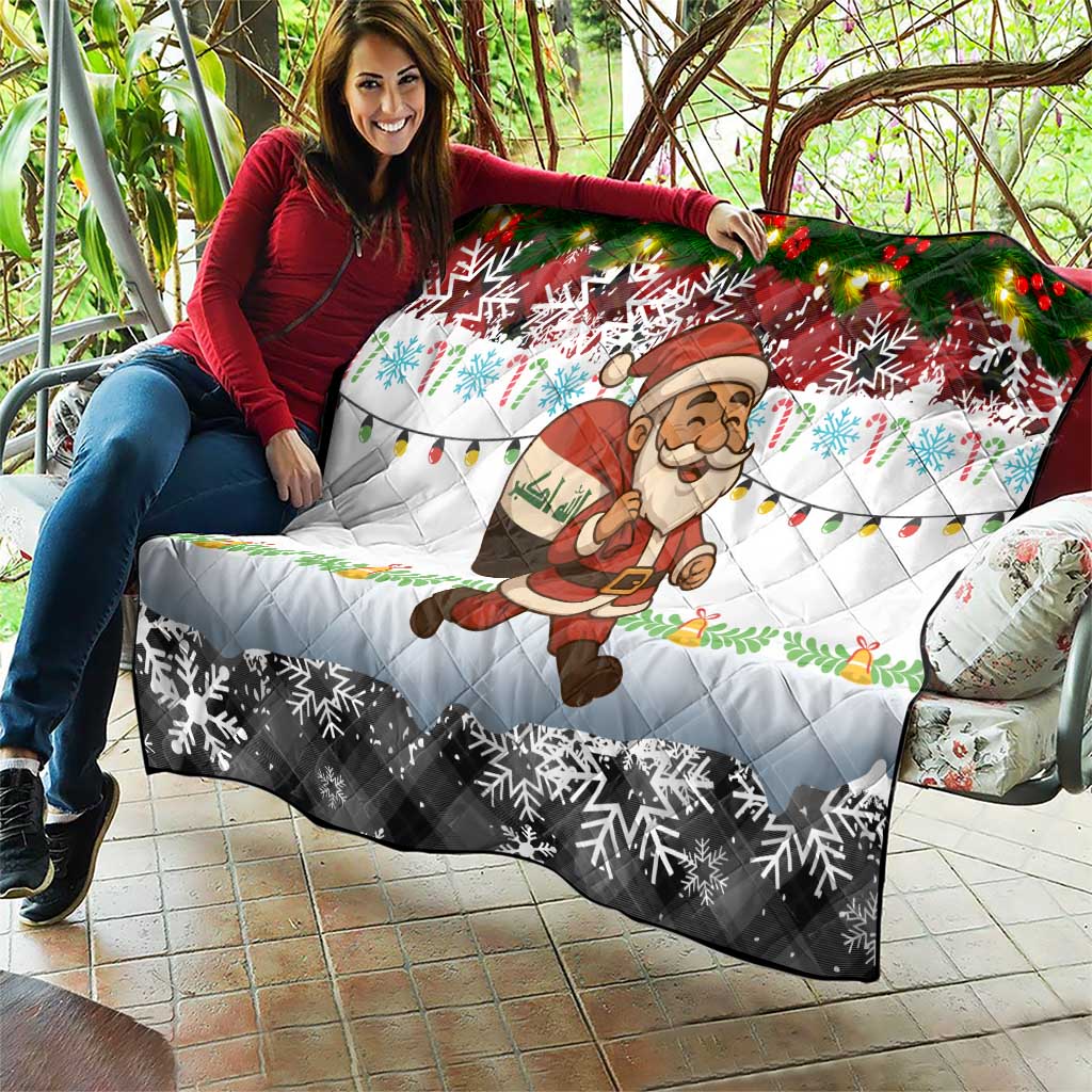Iraq Christmas Quilt with Santa Carrying Gift Bag Flag Garland and Snowflake Plaid Pattern - Wonder Print Shop
