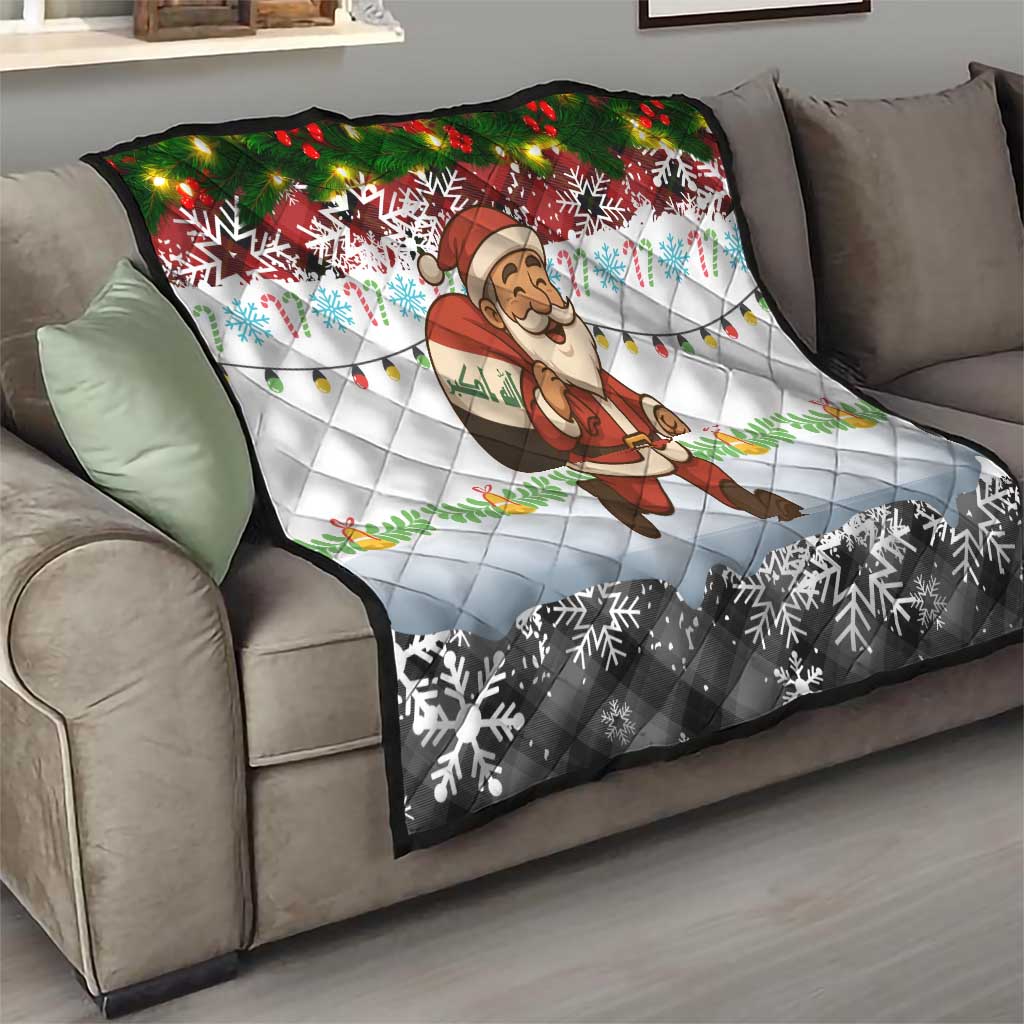 Iraq Christmas Quilt with Santa Carrying Gift Bag Flag Garland and Snowflake Plaid Pattern - Wonder Print Shop