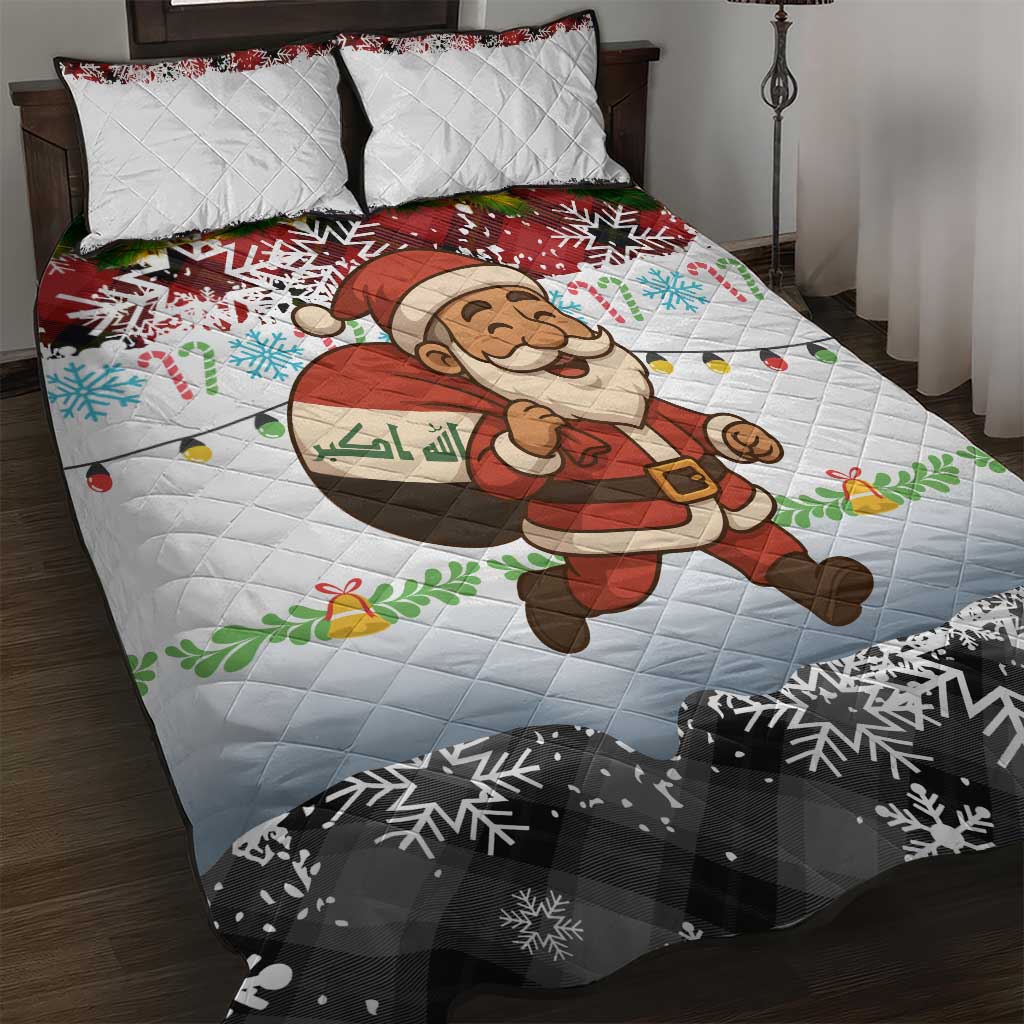 Iraq Christmas Quilt Bed Set with Santa Carrying Gift Bag Flag Garland and Snowflake Plaid Pattern - Wonder Print Shop