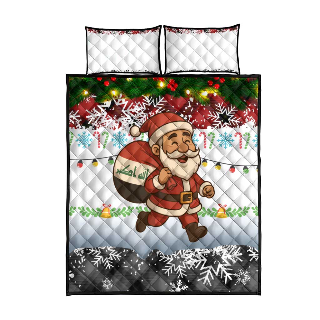 Iraq Christmas Quilt Bed Set with Santa Carrying Gift Bag Flag Garland and Snowflake Plaid Pattern - Wonder Print Shop