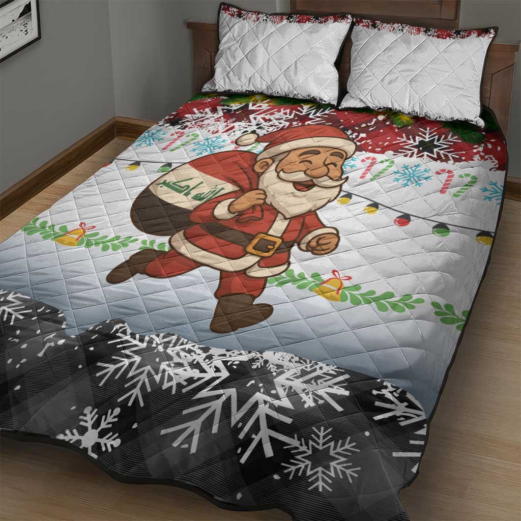 Iraq Christmas Quilt Bed Set with Santa Carrying Gift Bag Flag Garland and Snowflake Plaid Pattern - Wonder Print Shop