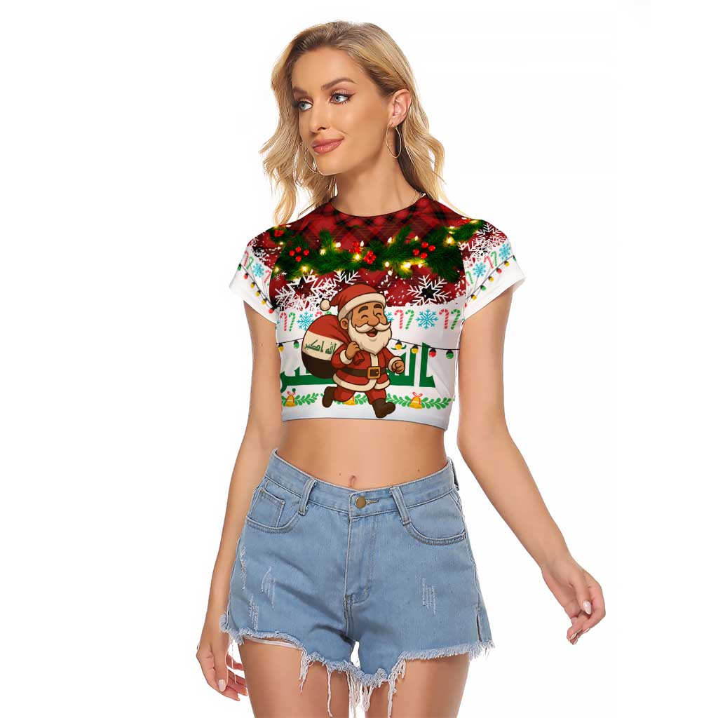 Iraq Christmas Raglan Cropped T Shirt with Santa Carrying Gift Bag Flag Garland and Snowflake Plaid Pattern - Wonder Print Shop