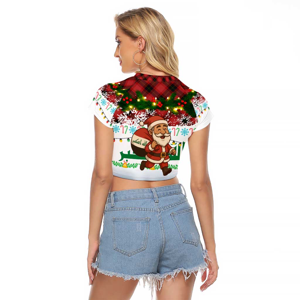 Iraq Christmas Raglan Cropped T Shirt with Santa Carrying Gift Bag Flag Garland and Snowflake Plaid Pattern - Wonder Print Shop