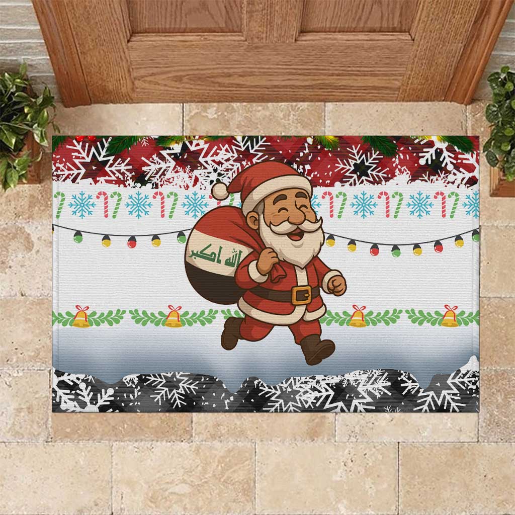 Iraq Christmas Rubber Doormat with Santa Carrying Gift Bag Flag Garland and Snowflake Plaid Pattern - Wonder Print Shop