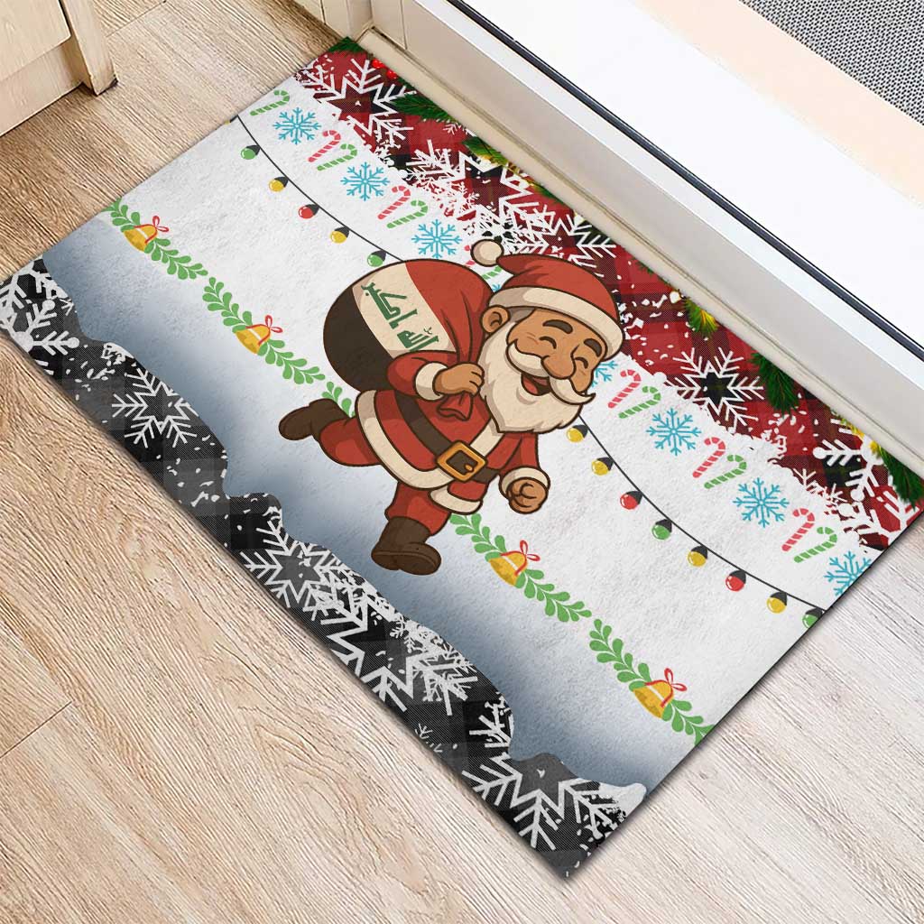 Iraq Christmas Rubber Doormat with Santa Carrying Gift Bag Flag Garland and Snowflake Plaid Pattern - Wonder Print Shop