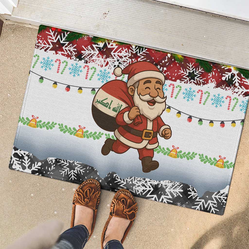 Iraq Christmas Rubber Doormat with Santa Carrying Gift Bag Flag Garland and Snowflake Plaid Pattern - Wonder Print Shop