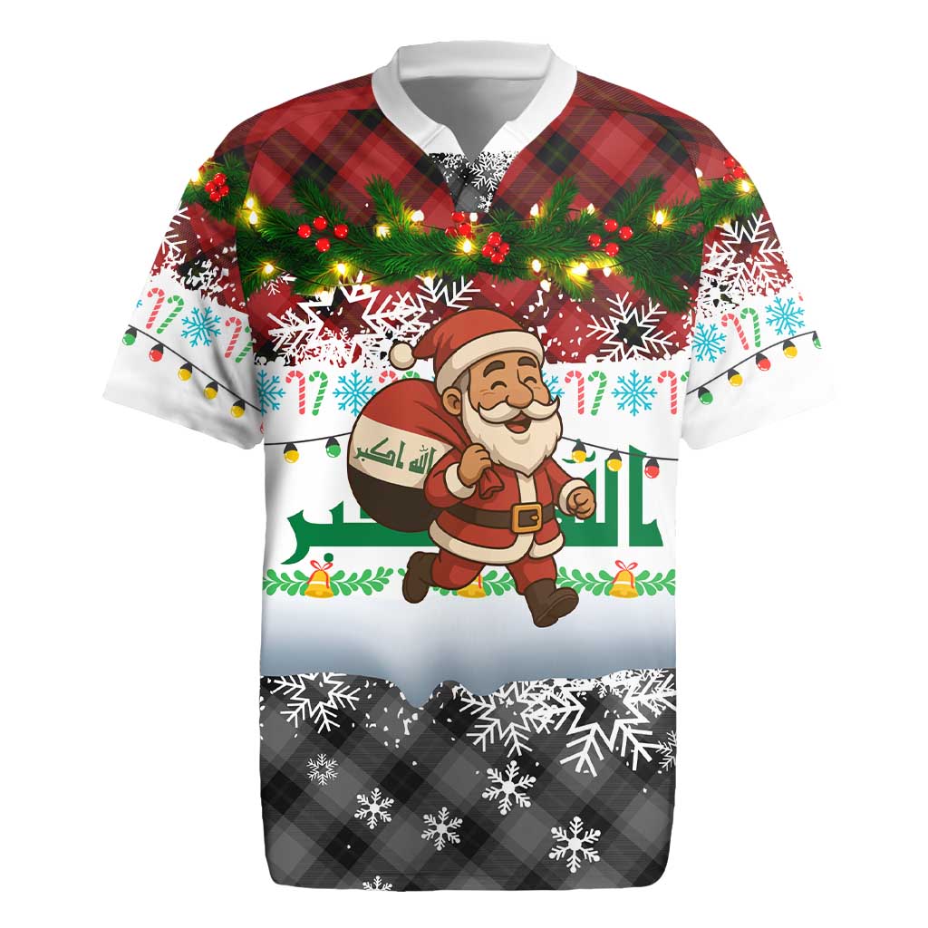 Iraq Christmas Rugby Jersey with Santa Carrying Gift Bag Flag Garland and Snowflake Plaid Pattern - Wonder Print Shop