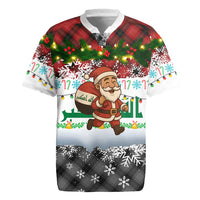 Iraq Christmas Rugby Jersey with Santa Carrying Gift Bag Flag Garland and Snowflake Plaid Pattern - Wonder Print Shop