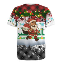 Iraq Christmas Rugby Jersey with Santa Carrying Gift Bag Flag Garland and Snowflake Plaid Pattern - Wonder Print Shop