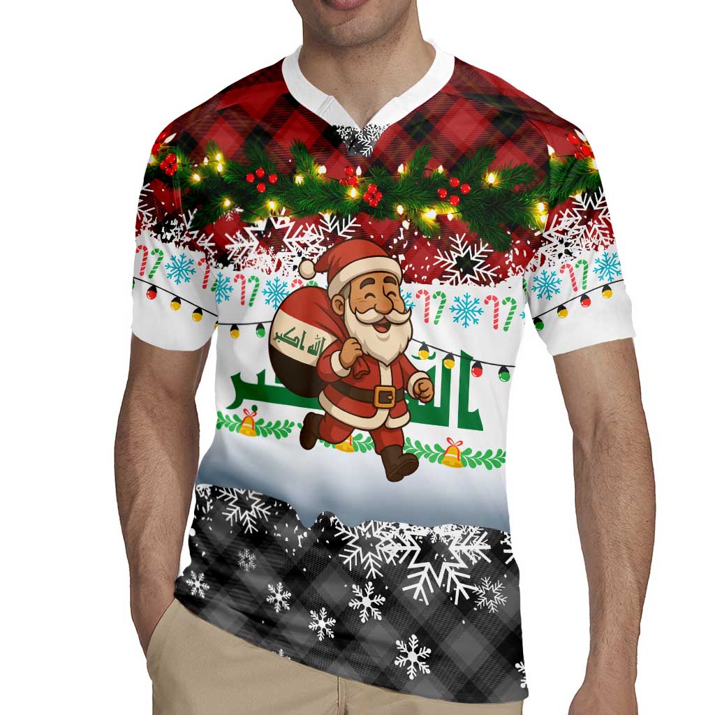 Iraq Christmas Rugby Jersey with Santa Carrying Gift Bag Flag Garland and Snowflake Plaid Pattern - Wonder Print Shop