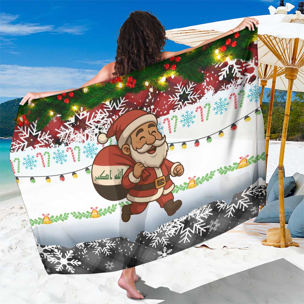 Iraq Christmas Sarong with Santa Carrying Gift Bag Flag Garland and Snowflake Plaid Pattern - Wonder Print Shop
