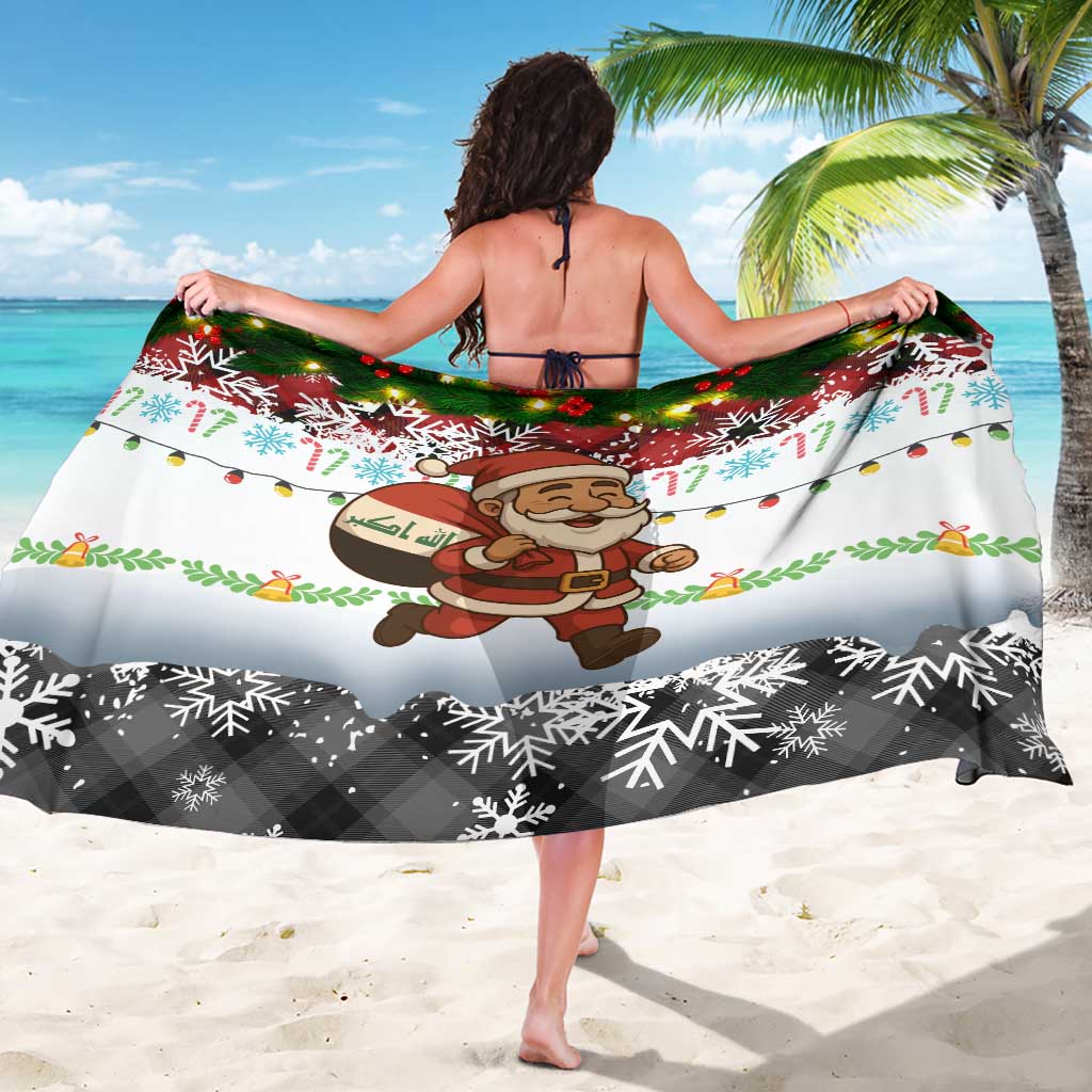 Iraq Christmas Sarong with Santa Carrying Gift Bag Flag Garland and Snowflake Plaid Pattern - Wonder Print Shop