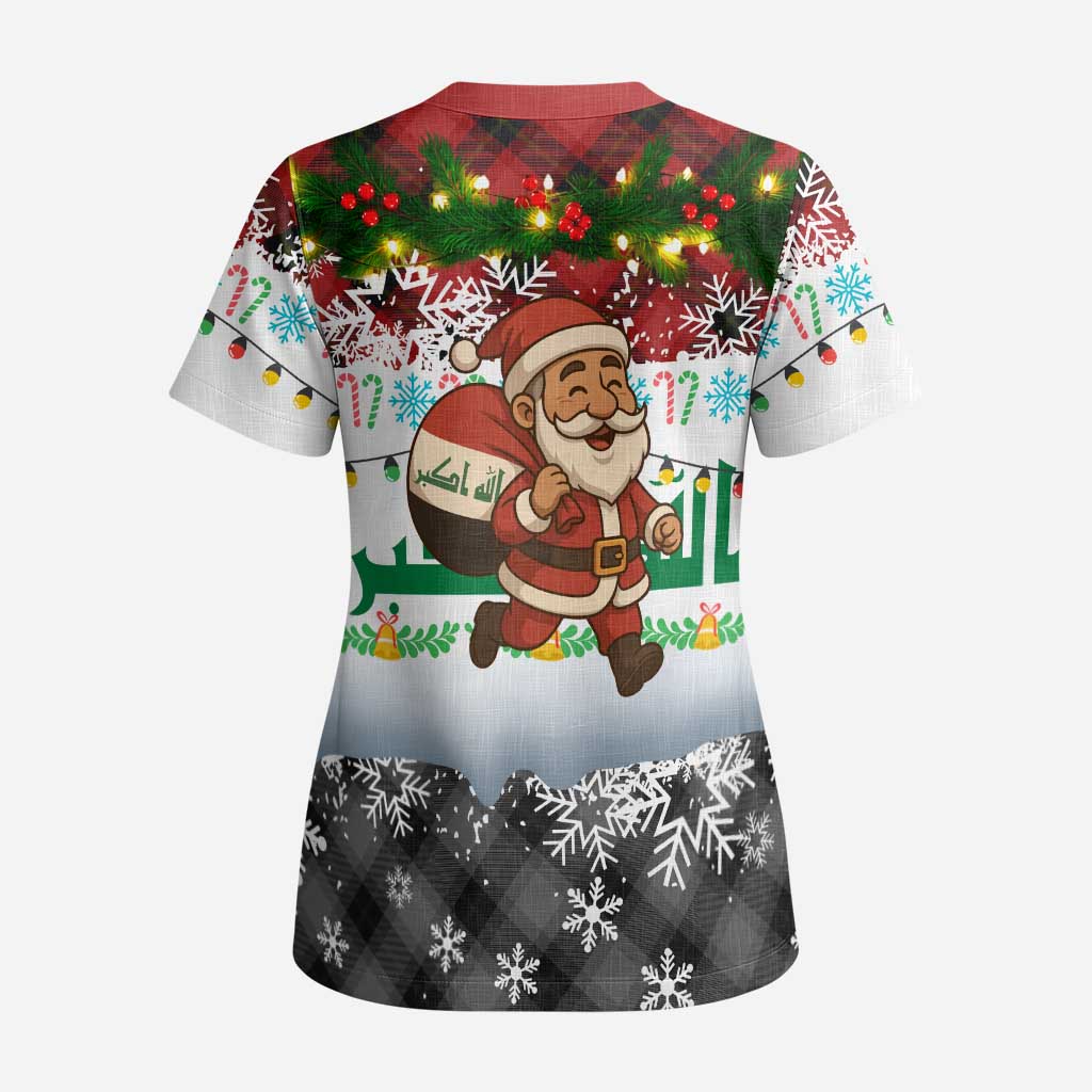 Iraq Christmas Scrub Top with Santa Carrying Gift Bag Flag Garland and Snowflake Plaid Pattern - Wonder Print Shop