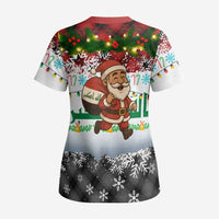 Iraq Christmas Scrub Top with Santa Carrying Gift Bag Flag Garland and Snowflake Plaid Pattern - Wonder Print Shop