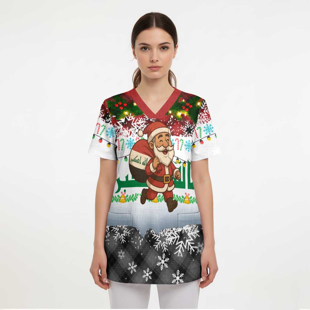 Iraq Christmas Scrub Top with Santa Carrying Gift Bag Flag Garland and Snowflake Plaid Pattern - Wonder Print Shop