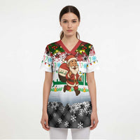 Iraq Christmas Scrub Top with Santa Carrying Gift Bag Flag Garland and Snowflake Plaid Pattern - Wonder Print Shop