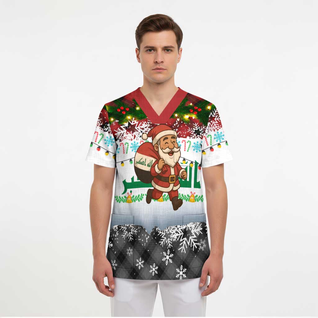 Iraq Christmas Scrub Top with Santa Carrying Gift Bag Flag Garland and Snowflake Plaid Pattern - Wonder Print Shop