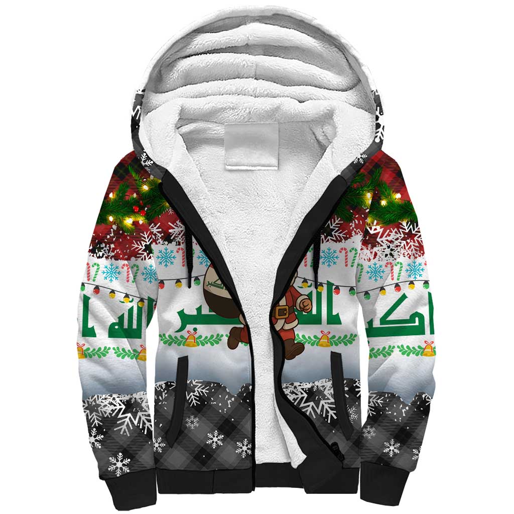 Iraq Christmas Sherpa Hoodie with Santa Carrying Gift Bag Flag Garland and Snowflake Plaid Pattern - Wonder Print Shop