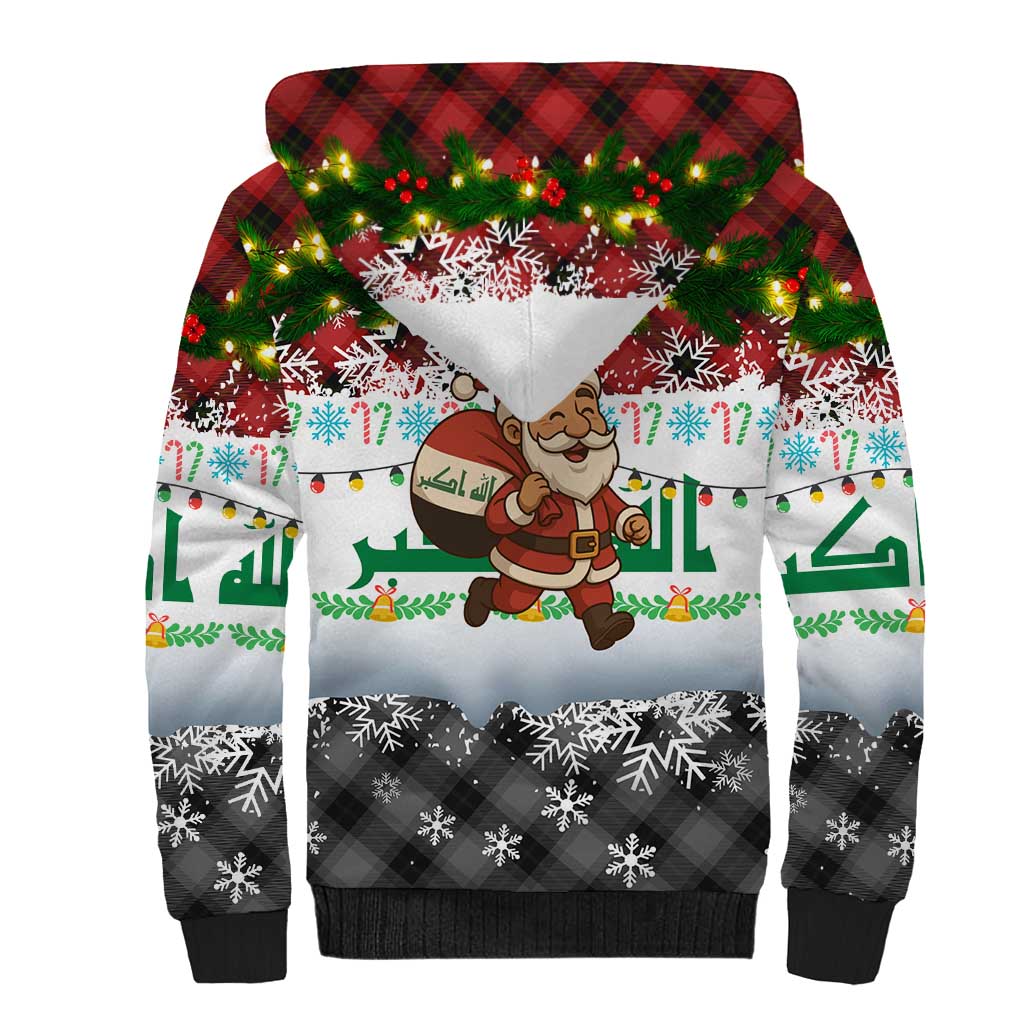 Iraq Christmas Sherpa Hoodie with Santa Carrying Gift Bag Flag Garland and Snowflake Plaid Pattern - Wonder Print Shop