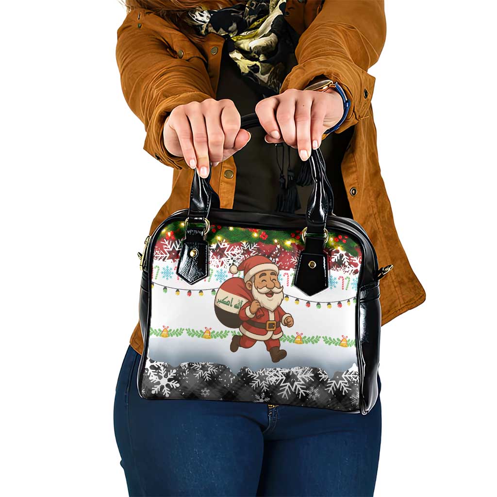 Iraq Christmas Shoulder Handbag with Santa Carrying Gift Bag Flag Garland and Snowflake Plaid Pattern - Wonder Print Shop