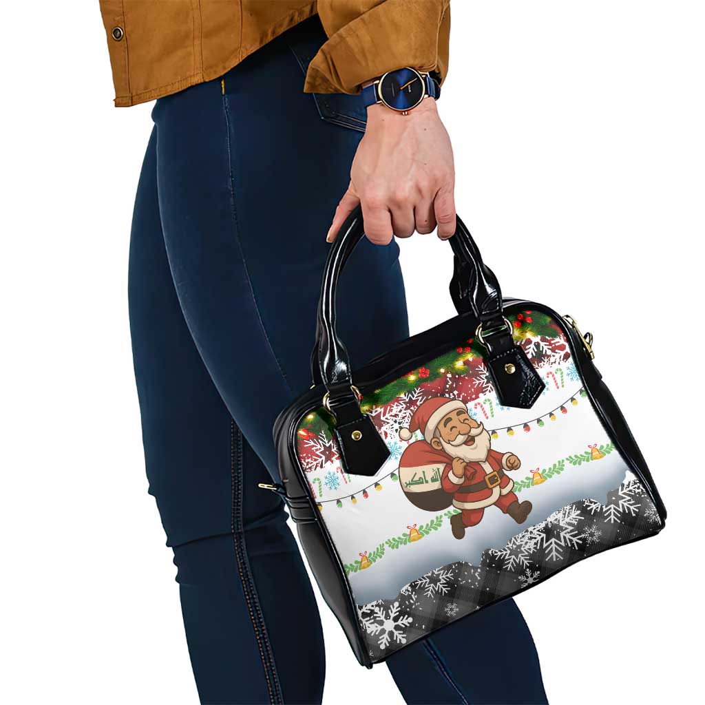 Iraq Christmas Shoulder Handbag with Santa Carrying Gift Bag Flag Garland and Snowflake Plaid Pattern - Wonder Print Shop