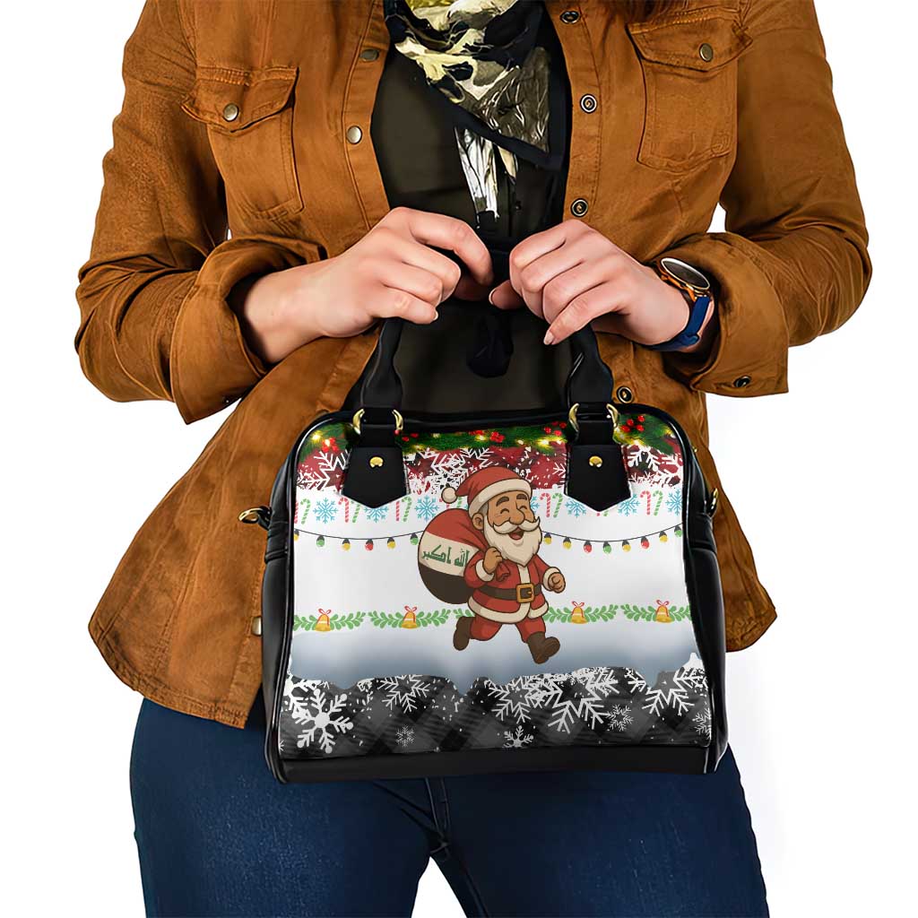 Iraq Christmas Shoulder Handbag with Santa Carrying Gift Bag Flag Garland and Snowflake Plaid Pattern - Wonder Print Shop