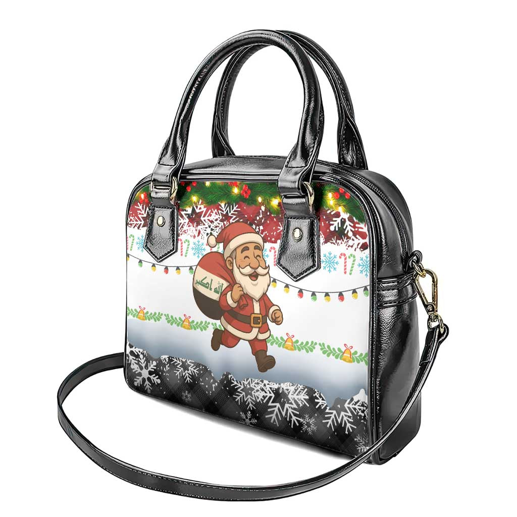 Iraq Christmas Shoulder Handbag with Santa Carrying Gift Bag Flag Garland and Snowflake Plaid Pattern - Wonder Print Shop