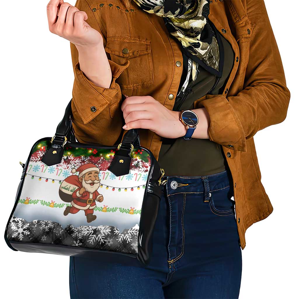 Iraq Christmas Shoulder Handbag with Santa Carrying Gift Bag Flag Garland and Snowflake Plaid Pattern - Wonder Print Shop
