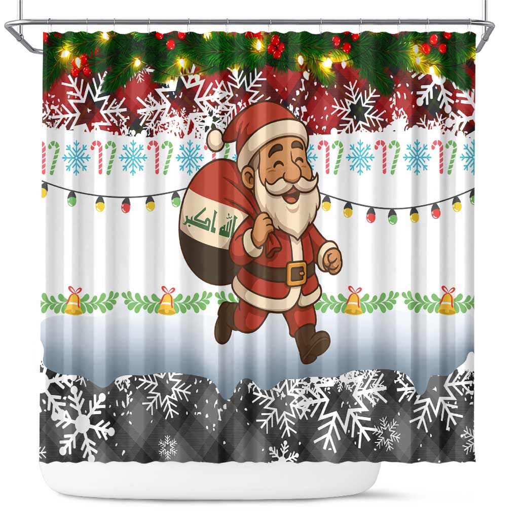 Iraq Christmas Shower Curtain with Santa Carrying Gift Bag Flag Garland and Snowflake Plaid Pattern - Wonder Print Shop
