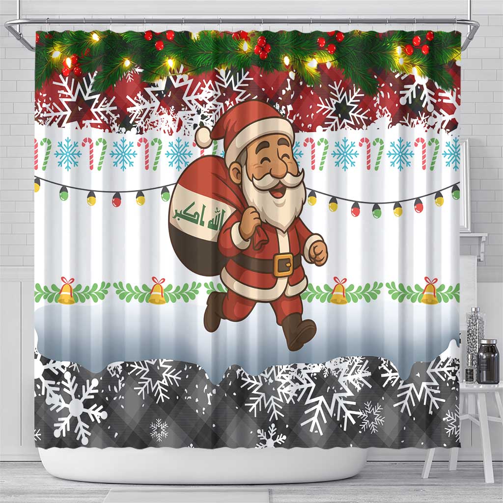 Iraq Christmas Shower Curtain with Santa Carrying Gift Bag Flag Garland and Snowflake Plaid Pattern - Wonder Print Shop