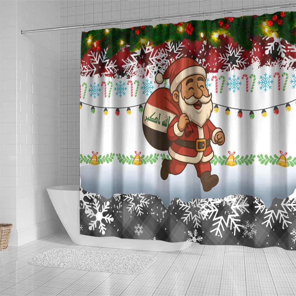 Iraq Christmas Shower Curtain with Santa Carrying Gift Bag Flag Garland and Snowflake Plaid Pattern - Wonder Print Shop