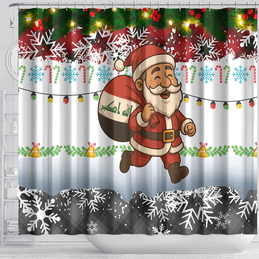 Iraq Christmas Shower Curtain with Santa Carrying Gift Bag Flag Garland and Snowflake Plaid Pattern - Wonder Print Shop