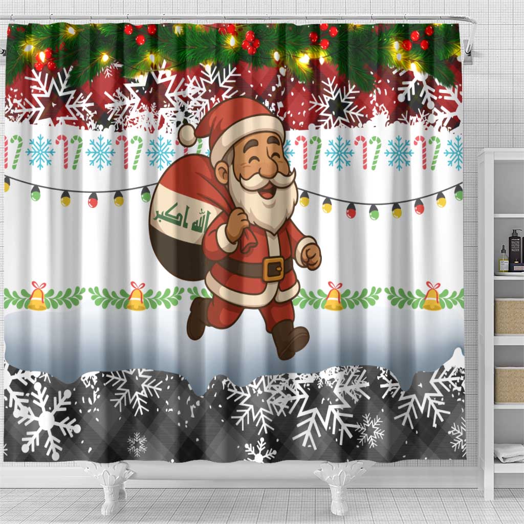 Iraq Christmas Shower Curtain with Santa Carrying Gift Bag Flag Garland and Snowflake Plaid Pattern - Wonder Print Shop