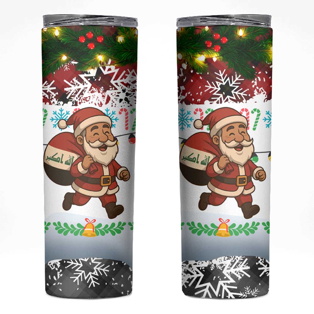 Iraq Christmas Skinny Tumbler with Santa Carrying Gift Bag Flag Garland and Snowflake Plaid Pattern - Wonder Print Shop