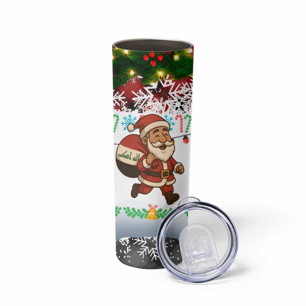 Iraq Christmas Skinny Tumbler with Santa Carrying Gift Bag Flag Garland and Snowflake Plaid Pattern - Wonder Print Shop