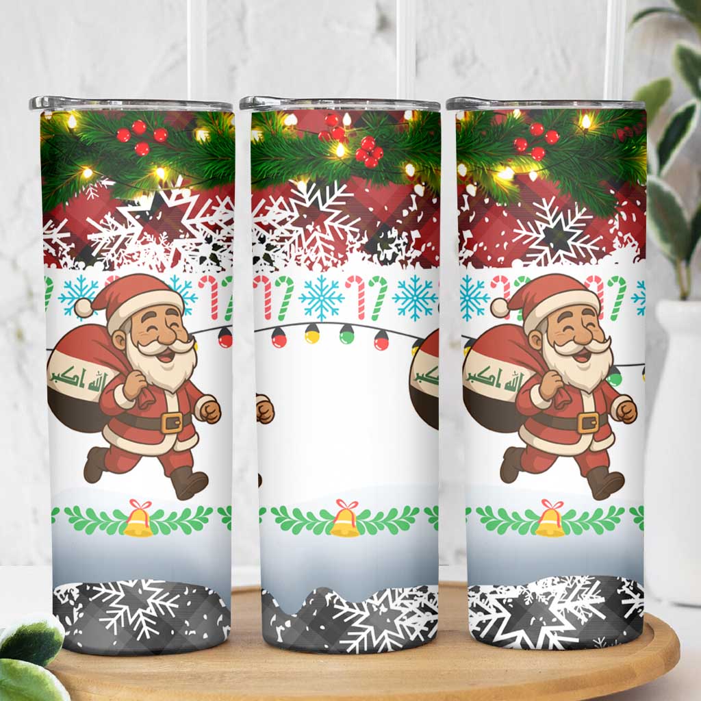 Iraq Christmas Skinny Tumbler with Santa Carrying Gift Bag Flag Garland and Snowflake Plaid Pattern - Wonder Print Shop