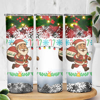 Iraq Christmas Skinny Tumbler with Santa Carrying Gift Bag Flag Garland and Snowflake Plaid Pattern - Wonder Print Shop