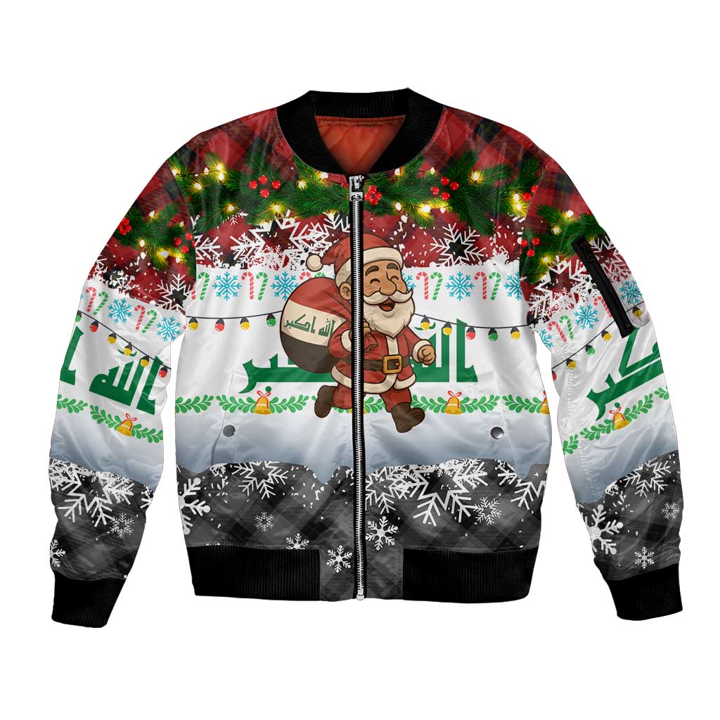 Iraq Christmas Sleeve Zip Bomber Jacket with Santa Carrying Gift Bag Flag Garland and Snowflake Plaid Pattern - Wonder Print Shop