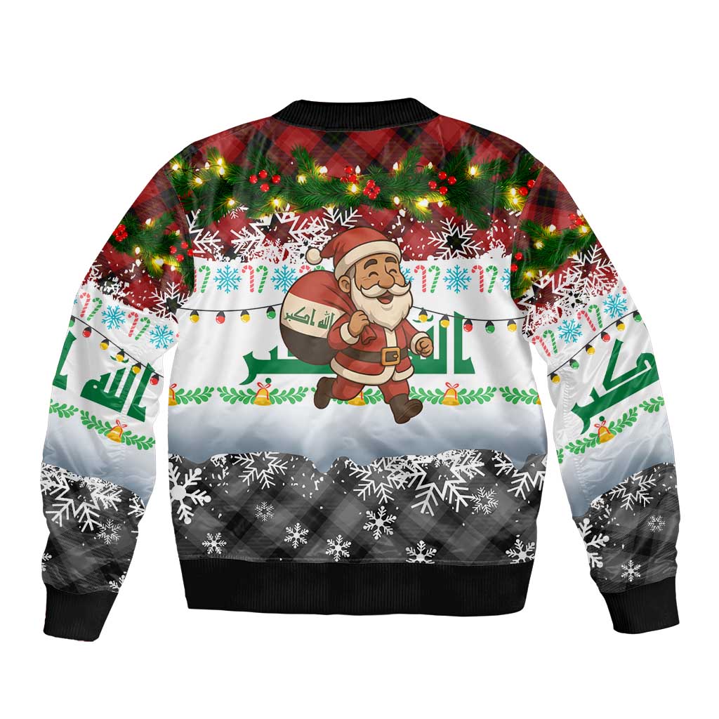 Iraq Christmas Sleeve Zip Bomber Jacket with Santa Carrying Gift Bag Flag Garland and Snowflake Plaid Pattern - Wonder Print Shop