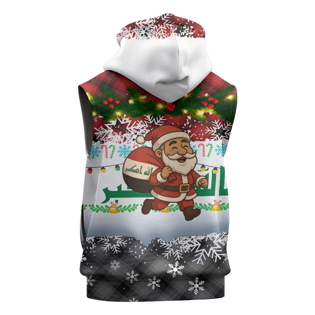 Iraq Christmas Sleeveless Hoodie with Santa Carrying Gift Bag Flag Garland and Snowflake Plaid Pattern - Wonder Print Shop