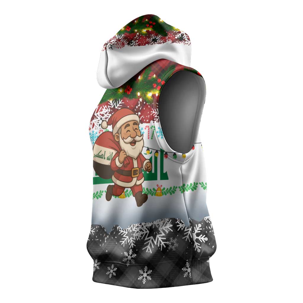 Iraq Christmas Sleeveless Hoodie with Santa Carrying Gift Bag Flag Garland and Snowflake Plaid Pattern - Wonder Print Shop