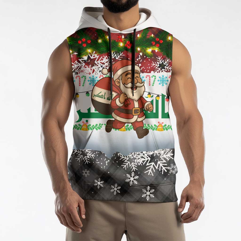 Iraq Christmas Sleeveless Hoodie with Santa Carrying Gift Bag Flag Garland and Snowflake Plaid Pattern - Wonder Print Shop