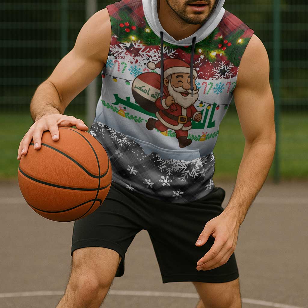 Iraq Christmas Sleeveless Hoodie with Santa Carrying Gift Bag Flag Garland and Snowflake Plaid Pattern - Wonder Print Shop
