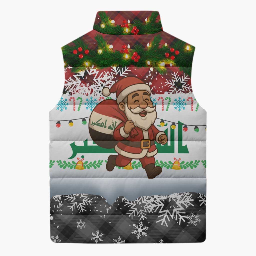 Iraq Christmas Sleeveless Puffer Jacket with Santa Carrying Gift Bag Flag Garland and Snowflake Plaid Pattern - Wonder Print Shop