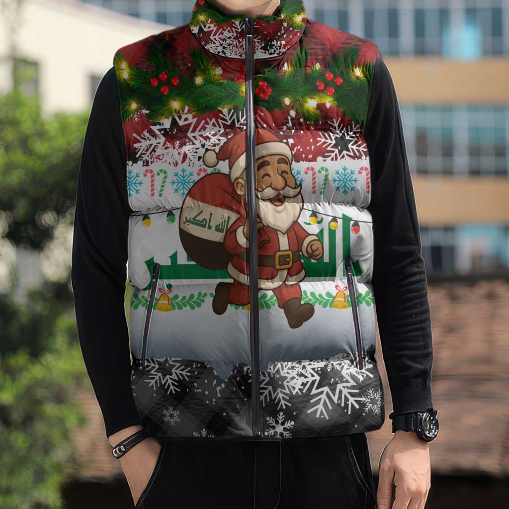 Iraq Christmas Sleeveless Puffer Jacket with Santa Carrying Gift Bag Flag Garland and Snowflake Plaid Pattern - Wonder Print Shop